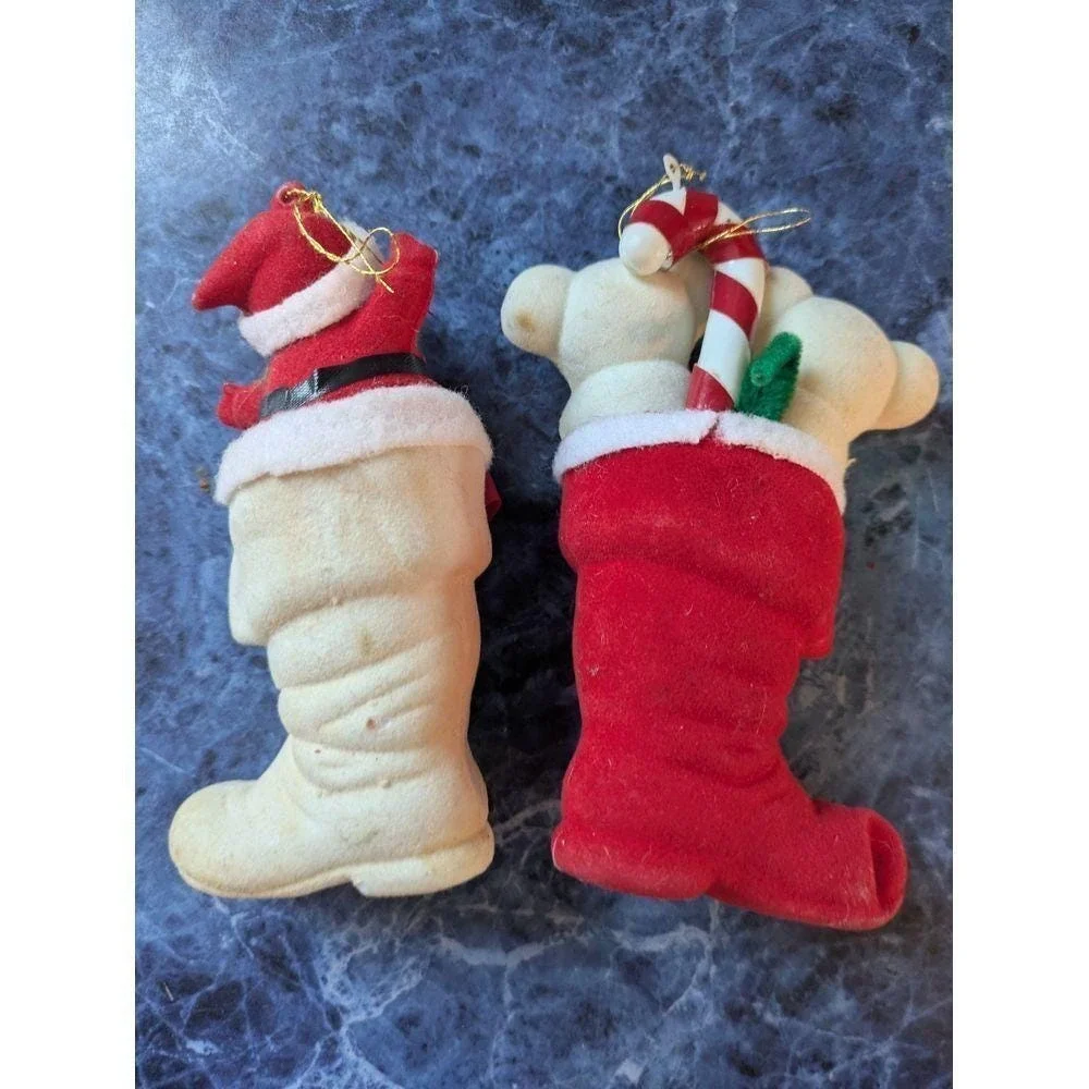 Vintage 2 Flocked Christmas Stocking Ornaments Santa Bears Holidy Decorations 5